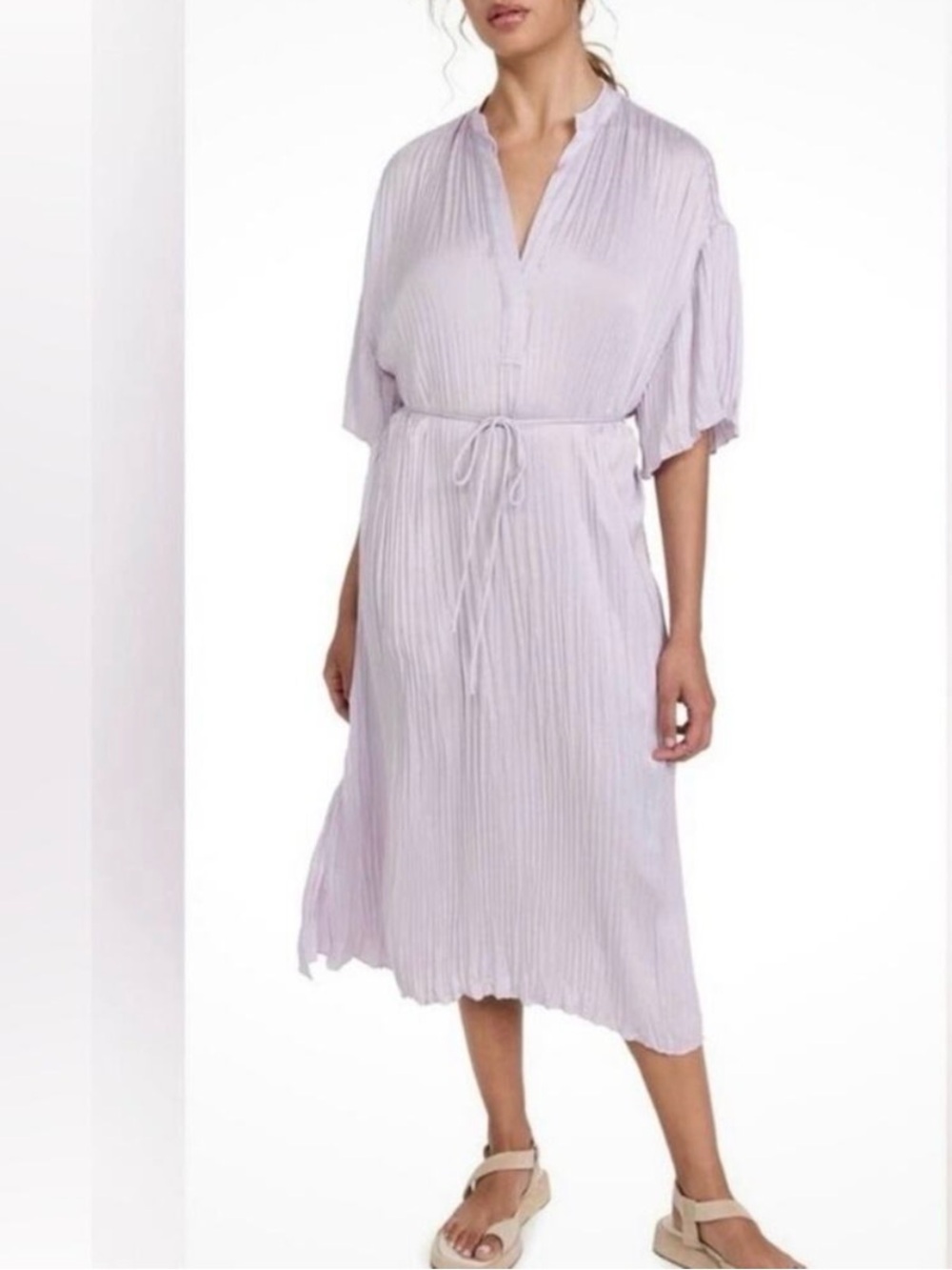 Vince Light Lavender Pleated Midi Dress with Drawstring Waist XS
